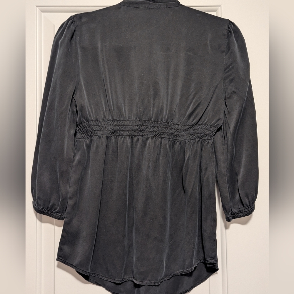 2/$50 Guess Jeans Silk Blouse Black Pintuck Lace Trim Puff Sleeve Top Size S - Picture 3 of 5